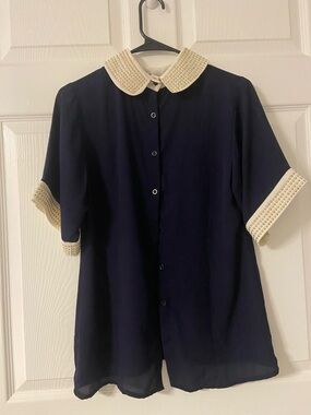 T12a- MOONLIGHT Navy-Beige Studded PETER PAN Collar Blouse